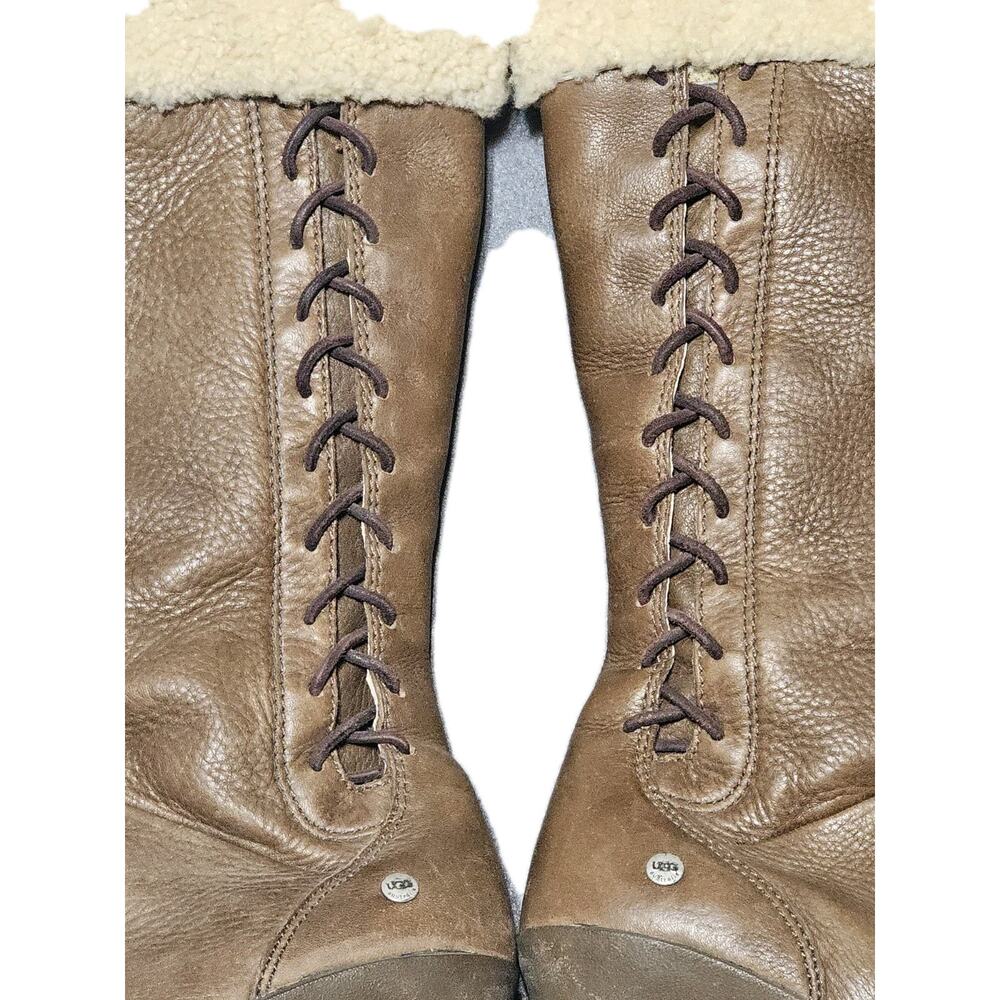 Ugg Boots Womens 7 Brown Leather Wedge Sheepskin Mid Calf Platform Boots - Picture 4 of 10